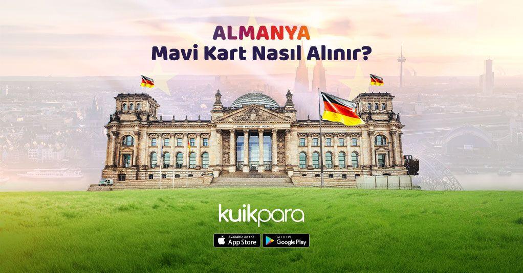Almanya Mavi Kart başvuru sürecini ve gerekli belgeleri gösteren bilgilendirici görsel.