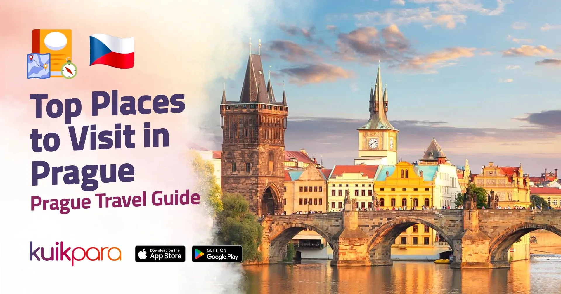 Prague cityscape with Charles Bridge, historic buildings, and Vltava River – top attractions, shopping, and dining guide.